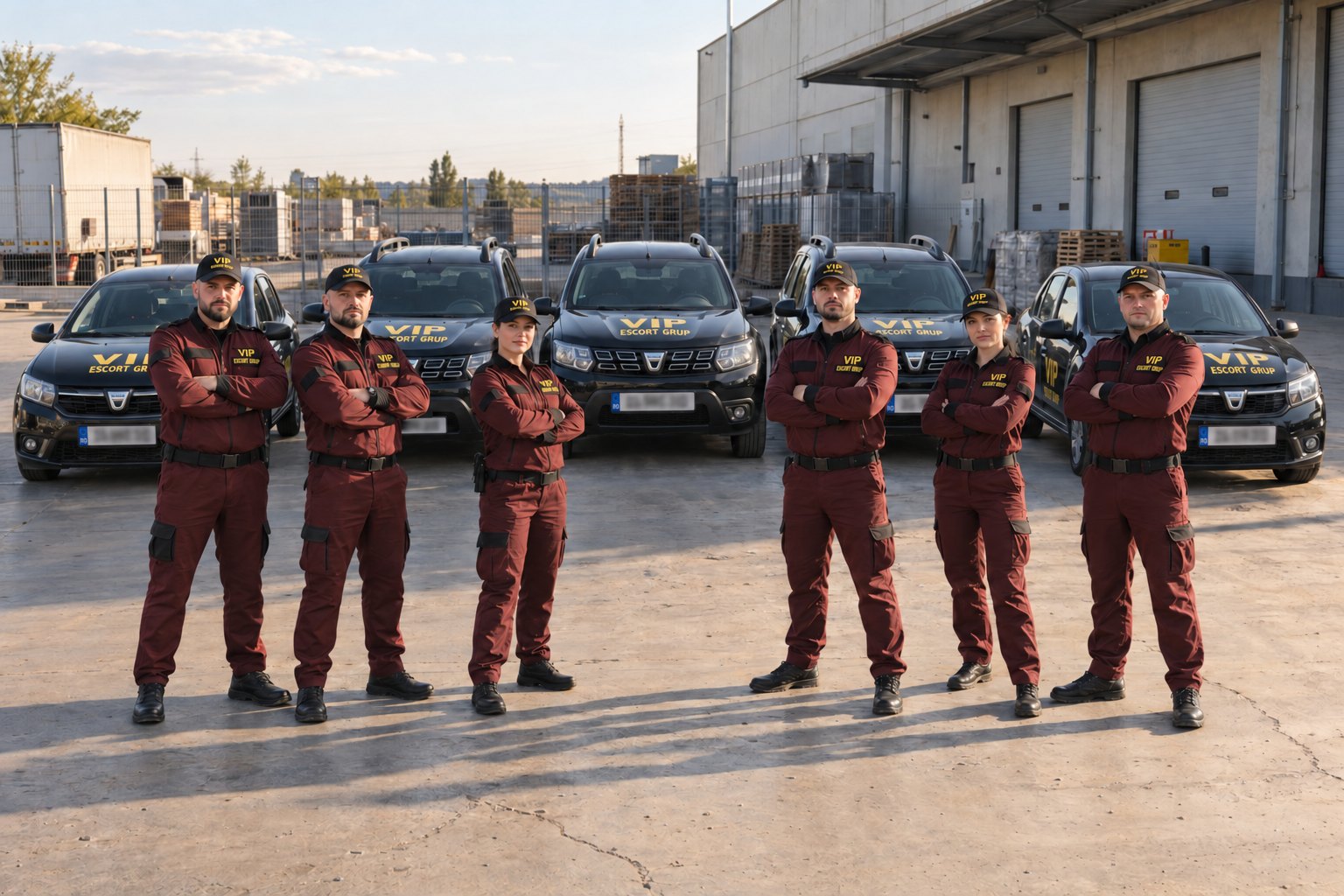 Șase agenți în fața a cinci vehicule negre inscripționate VIP Escort Grup