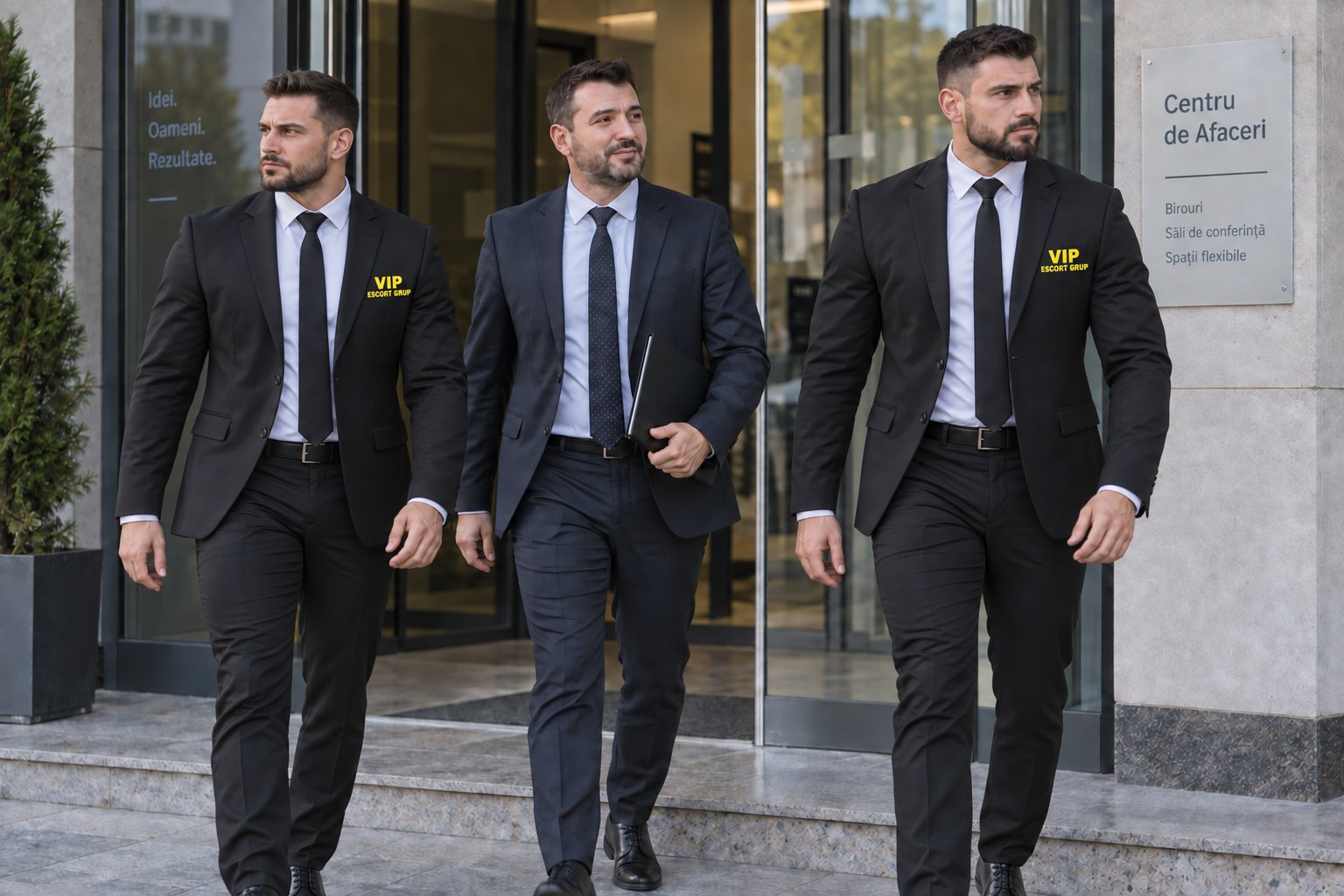 Agenți de protecție personală în costume negre